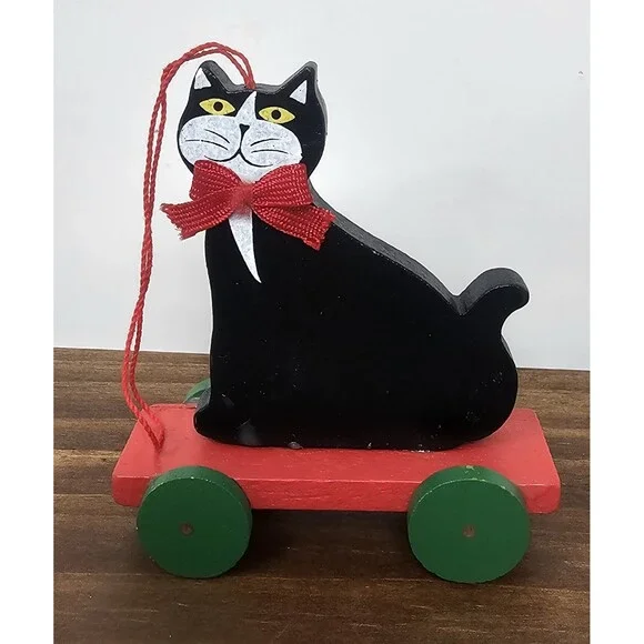 Vtg Midwest Wood Black Cat On Red Cart Christmas Ornament Shelf Sitter Pull Toy - Picture 1 of 8